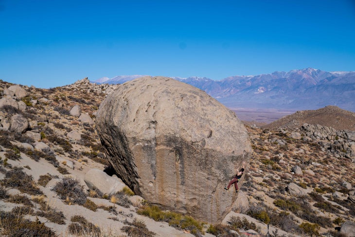 A person climbing Mesothelioma, a tall V7 in Bishop, with a great view of mountains in the background.