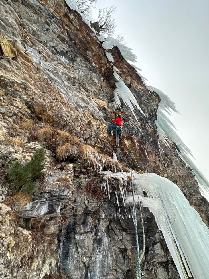 Martin Feistl leads a steep mixed pitch during the first ascent of Affogato.