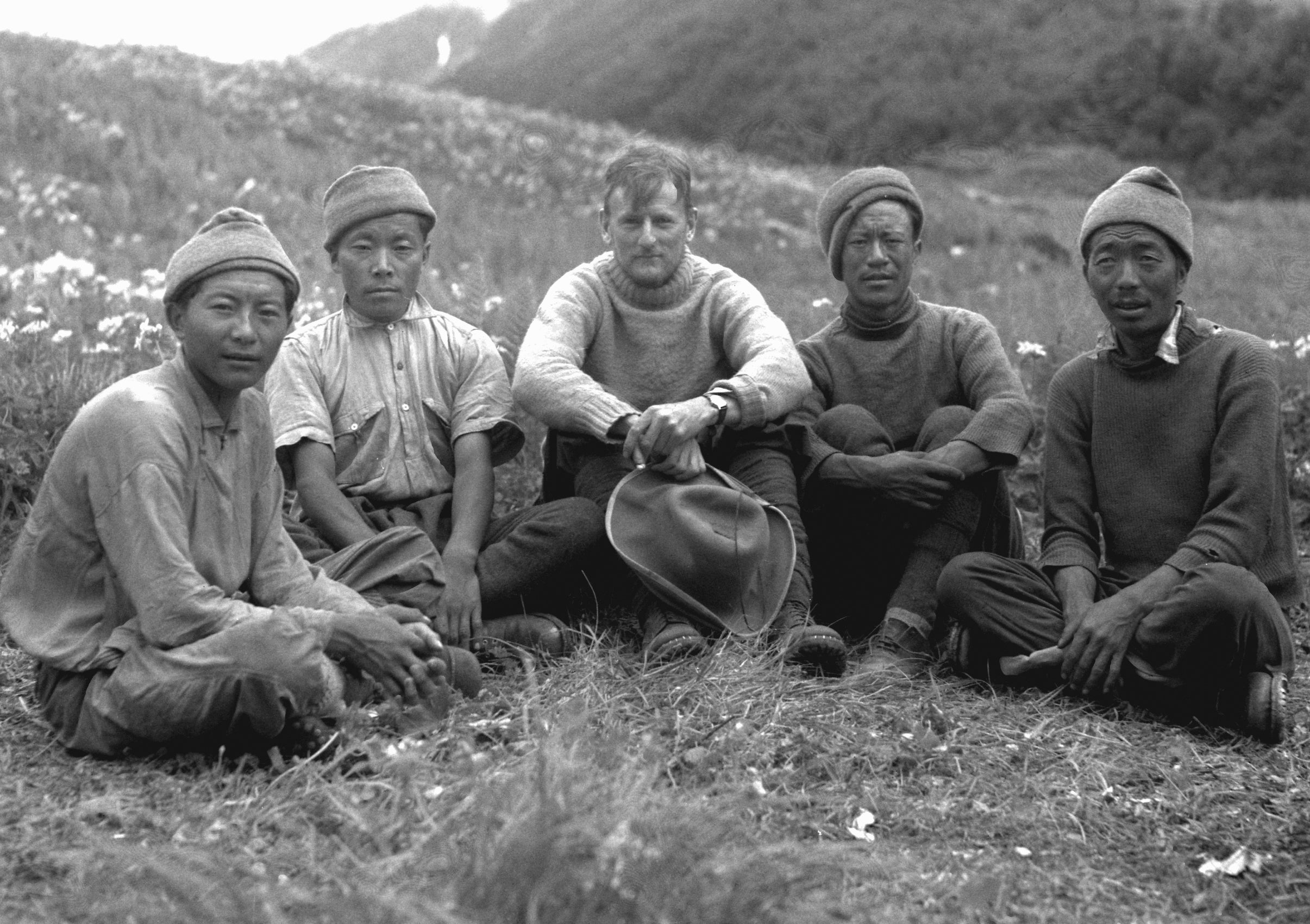 A photograph of five climbers in 1937—four of them are Sherpas. 
