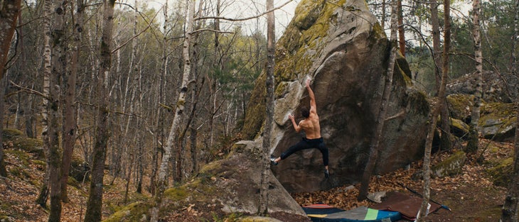 Wedge YouTuber Sam Lawson trying hard in the beautiful forest of Fontainebleau