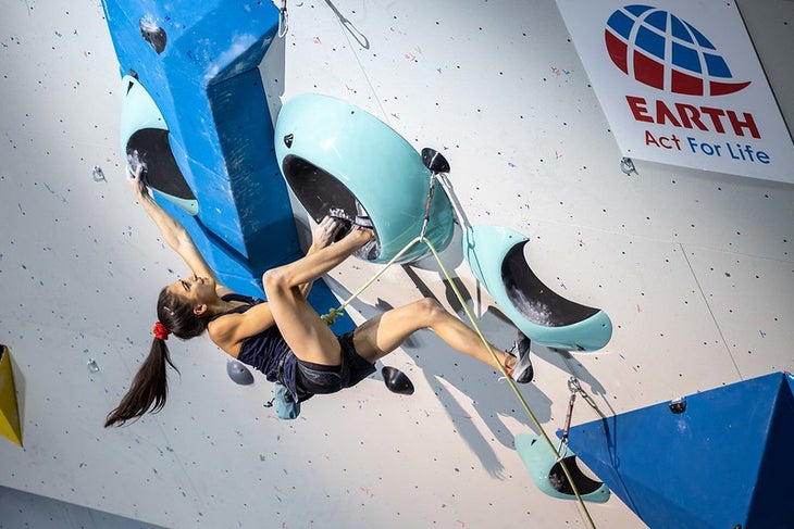 Moscow (RUS), 121 September 2021: Natalia GROSSMAN of the United States of America competes in the women's Lead final at the Irina Viner-Usmanova Palace during the 2021 IFSC Climbing World Championship in Moscow (RUS).