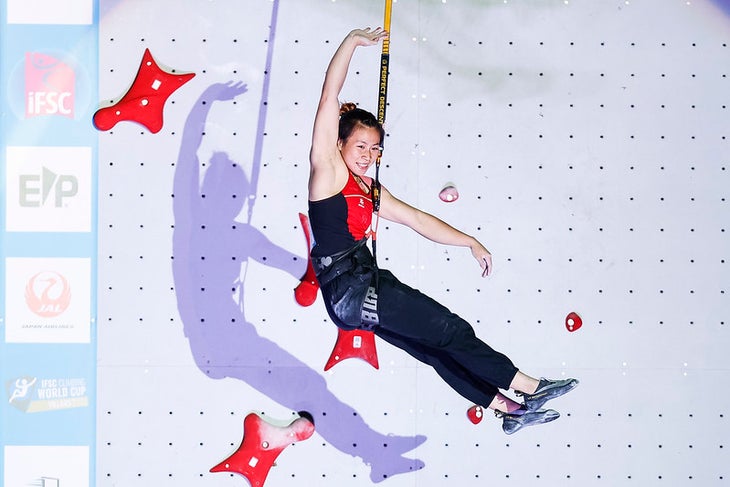 Villars (SUI), 30 June 2022: DENG Lijuan of China competes in the women's Speed final during the 2022 IFSC World Cup in Villars (SUI).