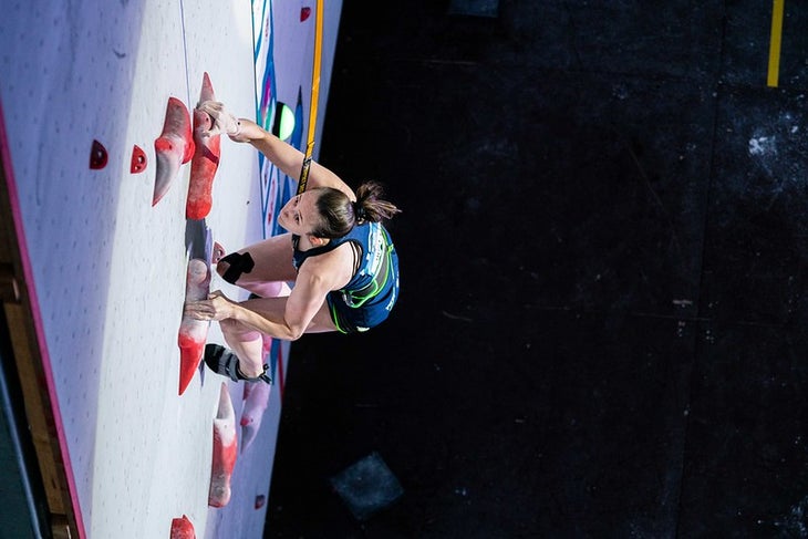 Villars (SUI), 1 July 2022: Emma HUNT of the USA competes in the women's Speed final during the 2022 IFSC World Cup in Villars (SUI).
