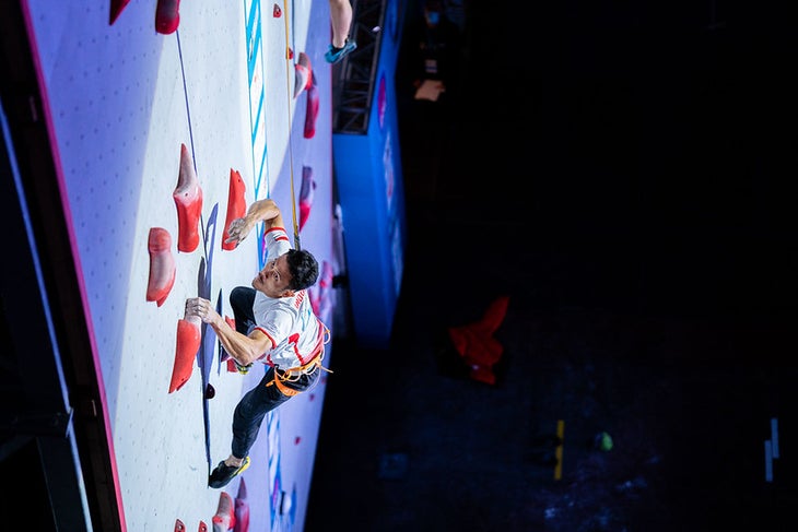 Villars (SUI), 1 July 2022: Veddriq LEONARDO of Indonesia competes in the men's Speed final during the 2022 IFSC World Cup in Villars (SUI).
