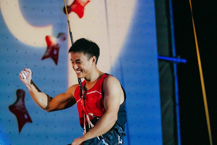 Chamonix (FRA), 8 July 2022: LONG Jinbao of China competes in the men's Speed final during the 2022 IFSC World Cup in Chamonix (FRA). He is a favorite Speed Climber at the Paris Olympics.