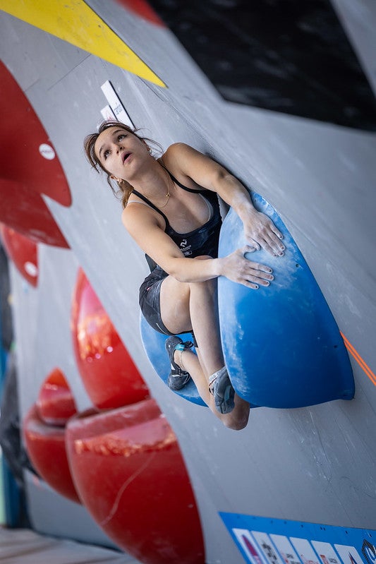 Oriane BERTONE of France competes in the women’s Boulder semi-final during the 2023 IFSC World Cup in Prague (CZE).