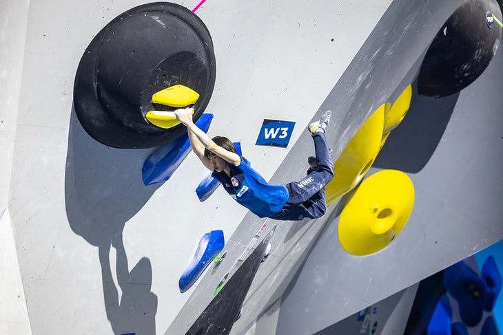 Mori Ai of Japan competes in the women’s Boulder final during the IFSC World Championships in Bern (SUI).