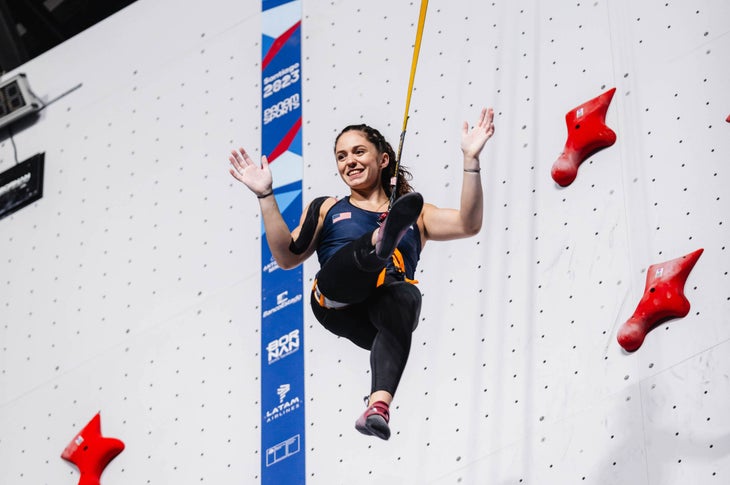 USA speed climber Piper Kelly lowering from the speed route having won a round at the Pan American Games.