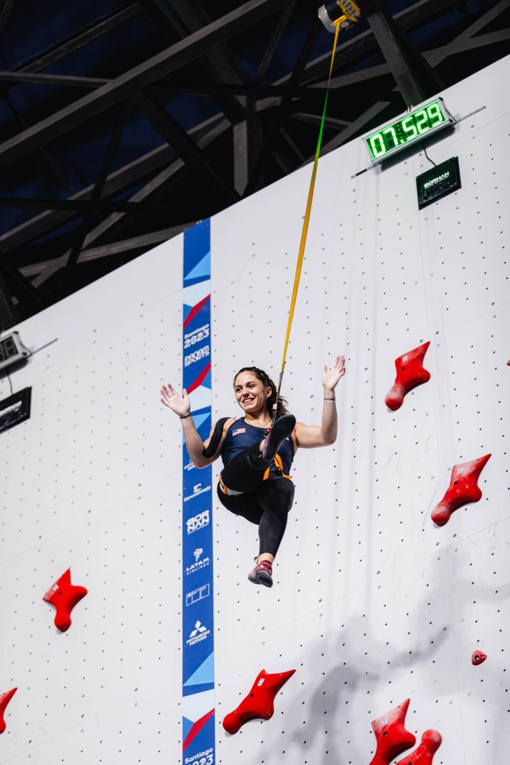 USA speed climber Piper Kelly lowering from the speed route having won a round at the Pan American Games.