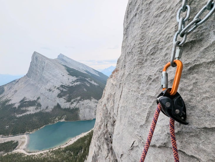 Belaying from about with the Petzl Neox on True Grit (5.10; 560ft) in Canmore, Alberta.