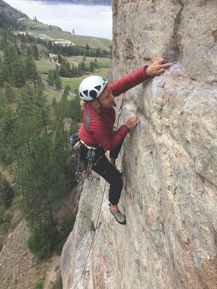 Bernadette McDonald climbs Youthful Assault (5.10b) at Skaha Bluffs, B.C.