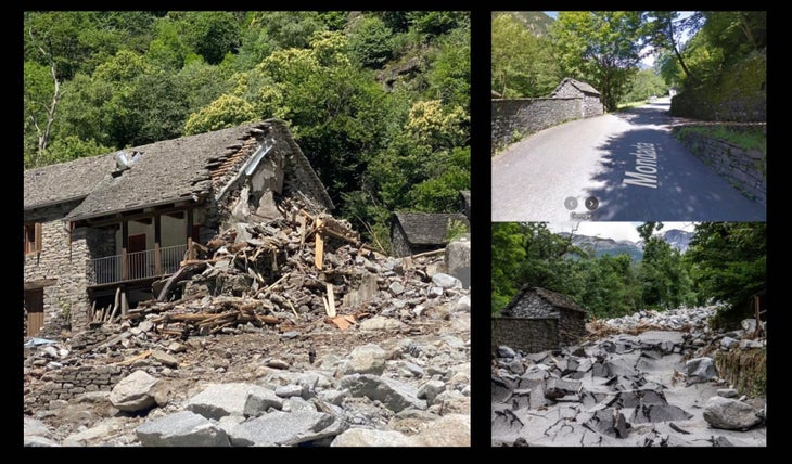 Three images: One shows a traditional swiss rock house half demolished by the landslide. The other two compare a road before and after the landslide. The "after" picture shows the pavement buckled into sharp wave shapes.