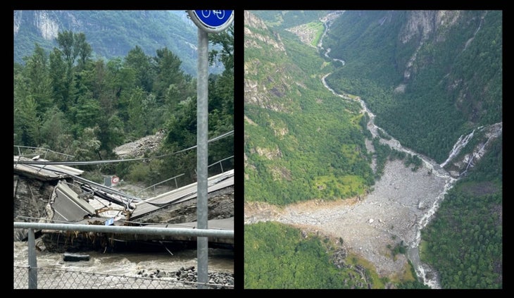 Two photos: The left shows a bridge washed out by the landslide. The other is an aerial shot showing a village with a landslide running through it.