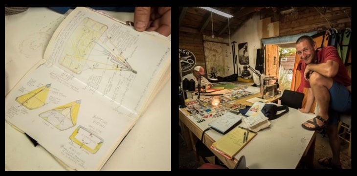 Two images from Middendorf's portaledge studio. The first shows a hand-drawn diagram of a portaledge. The second shows Middendorf surrounded by plans and tools.