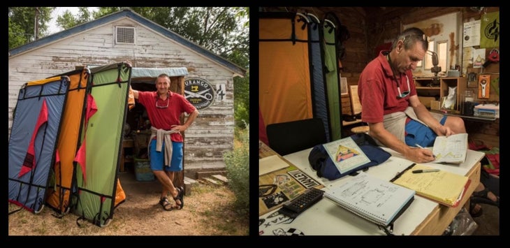 Two photos. On the left: Middendorf standing beside three portaledges he's just made. On the right, Middendorf working on portaledge sketches.