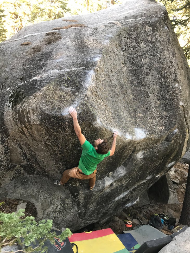 The author, before his injury, doing Flight of the Mud Falcon (V8), near Kirkwood, CA.