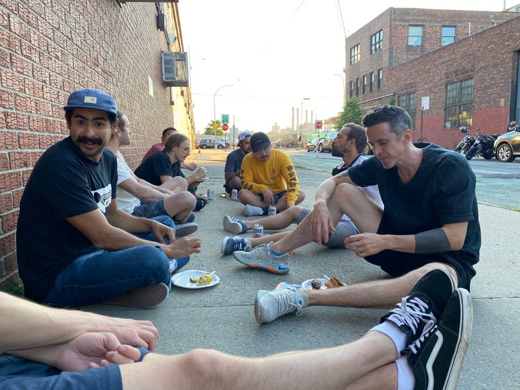 A number of GP81 regulars picnicking outside the gym