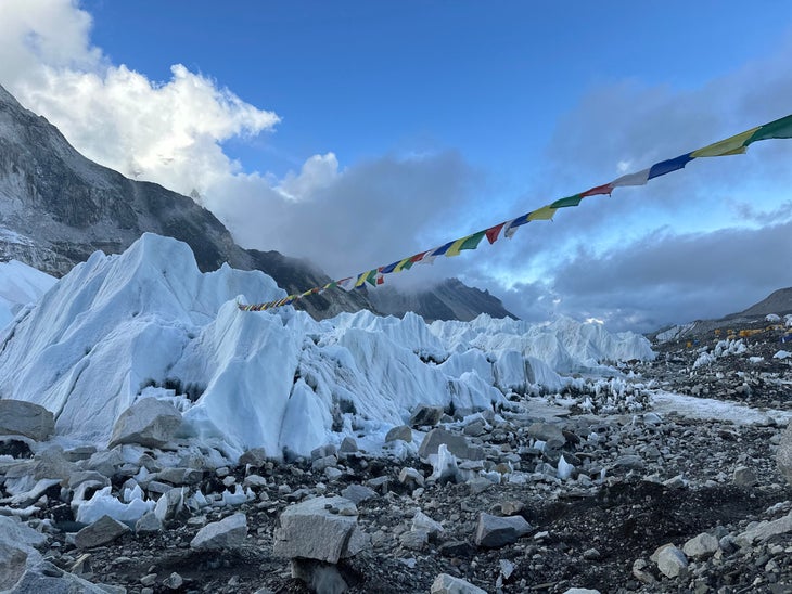 Everest Base Camp on a blue sky day.
