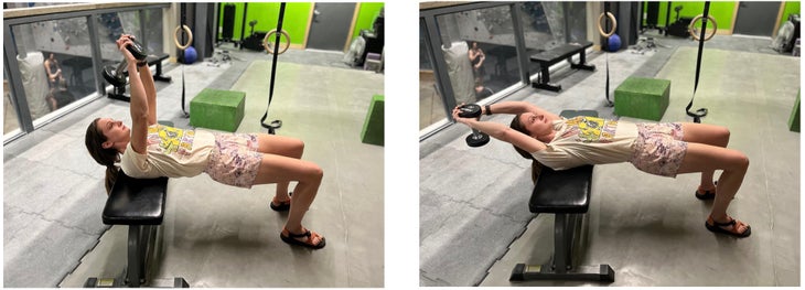 Woman lies on gym bench in a bridge position to exercise her glutes and hamstrings. She is training respiratory muscles for climbing.