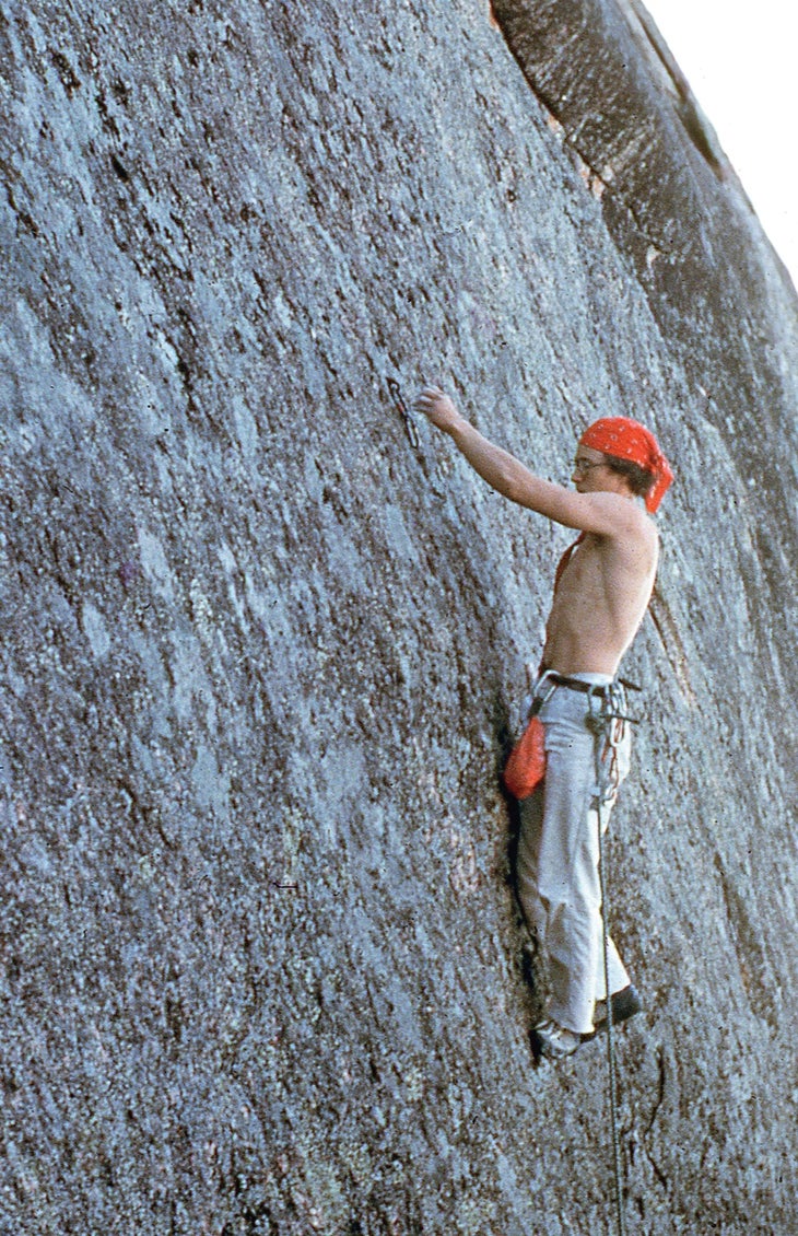 The author climbs at Enchanted Rock State Park, Texas, in 1979. He narrowly avoided a tragedy while climbing at this crag.