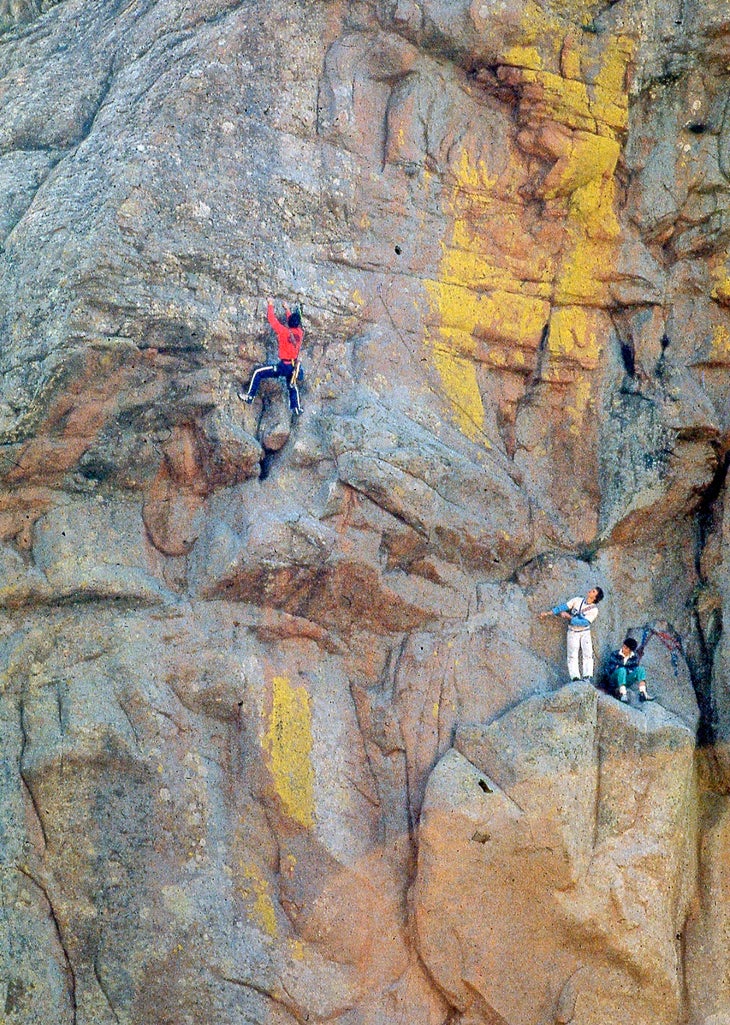 On the third pitch of Fantastic Voyage (5.12a) on the Lichen Wall in the Wichita Mountains, in the early 1980s. Jon Frank and Charlie Hayes at the belay.