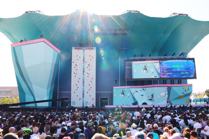 General view of the Climbing Venue during the Men's Boulder &Lead Semifinal on day ten of the Olympic Games Paris 2024 at Le Bourget Sport Climbing Venue on August 05, 2024 in Paris, France.