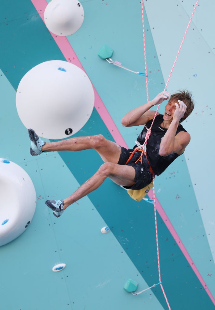 Alexander Megos of Team Germany reacts during the men's Boulder & Lead semifinal on the twelfth day of the Paris 2024 Olympic Games at Le Bourget Sport Climbing Stadium on August 07, 2024 in Paris, France.