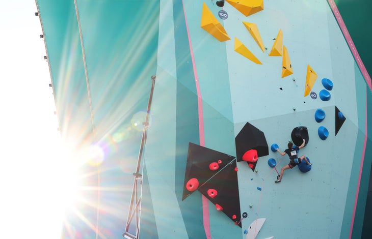 Erin McNeice of Team Great Britain climbs during the Women's Boulder Semifinal on day thirteen of the Olympic Games Paris 2024.