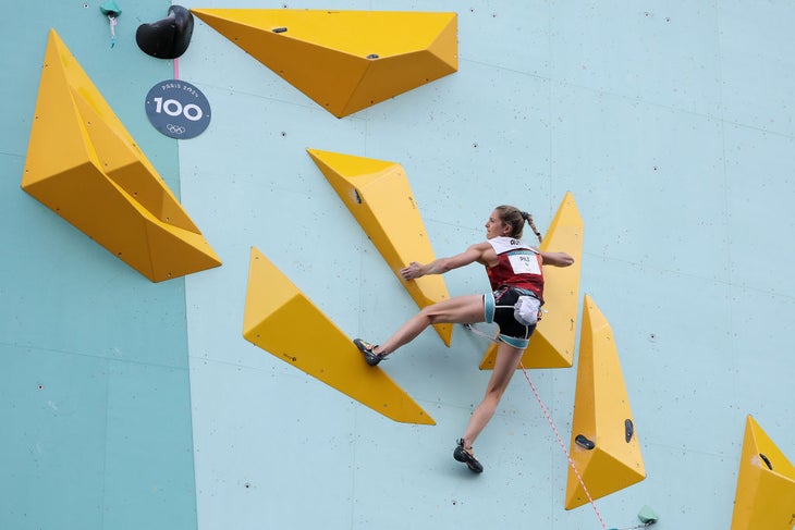 Jessica Pilz of Team Austria climbs during the Women's Boulder Semifinal on day thirteen of the Olympic Games Paris 2024.