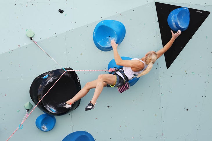 Janja Garnbret of Team Slovenia climbs during the Women's Lead Semifinal on day thirteen of the Olympic Games Paris 2024