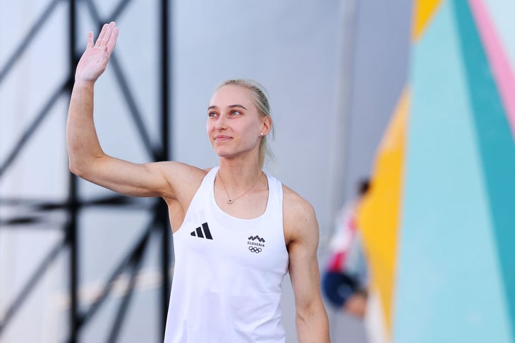 Janja Garnbret of Team Slovenia reacts after her climb during the Women's Boulder Final on day fifteen of the Olympic Games Paris 2024.