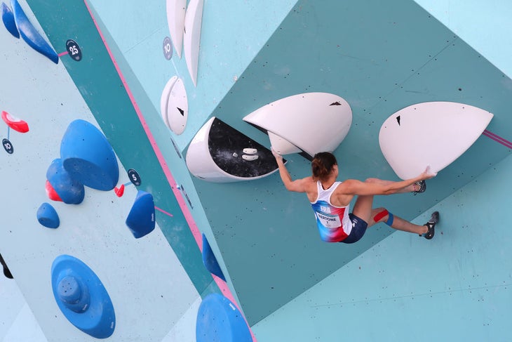 Oriane Bertone of Team France climbs during the Women's Boulder Final on day fifteen of the Olympic Games Paris 2024 at Le Bourget Sport Climbing Venue on August 10, 2024 in Paris, France.