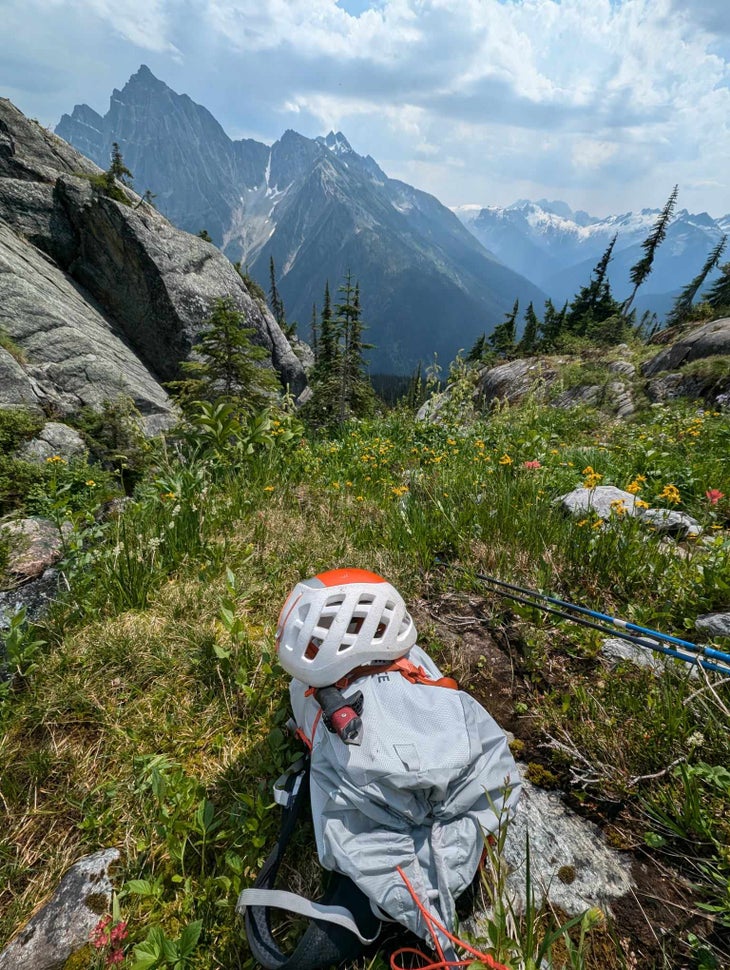 The Blue Ice Stache pack in a grassy meadow in the alpine on a sunny day.