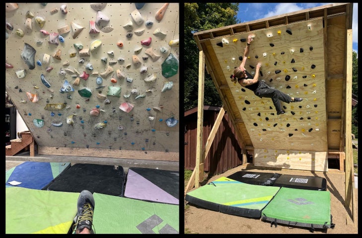 two side by side images. The one on the left is of an Erratic Crash Pad below an indoor climbing wall in a garage. The one on the right of below an outdoor MoonBoard.