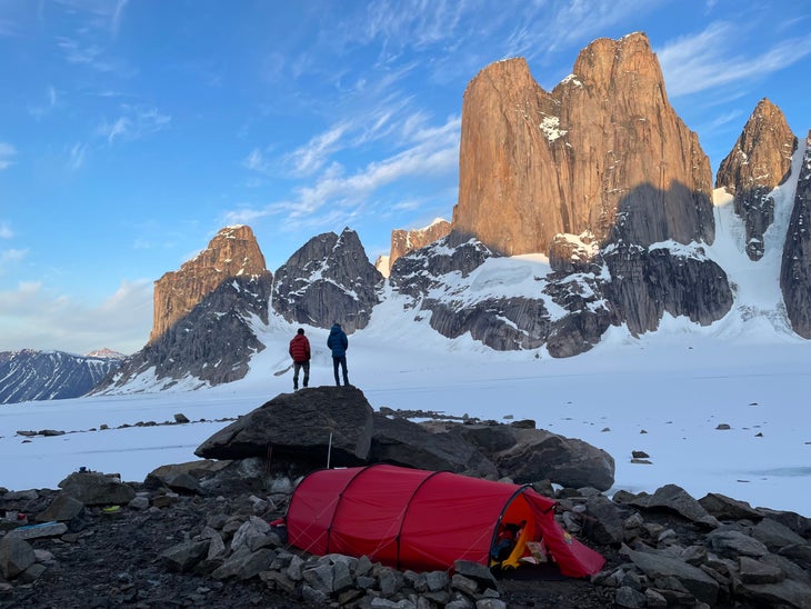 Two American climbers camped on a glacier in Baffin Island.