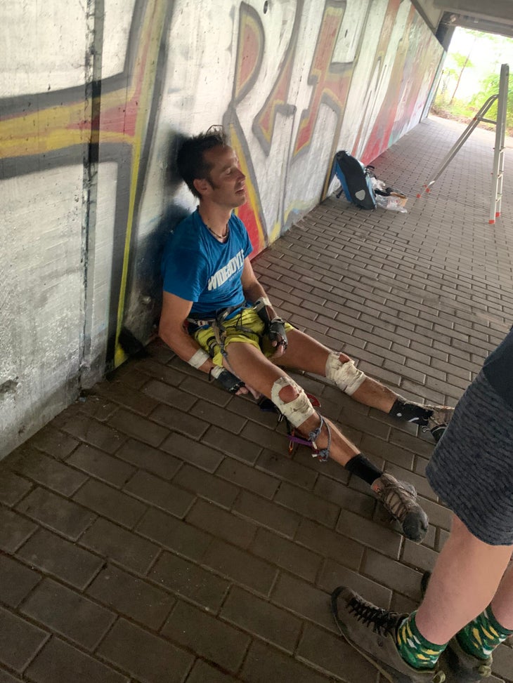 Randall absolutely gassed after his successful redpoint of Autobahn, the world's hardest offwidth.