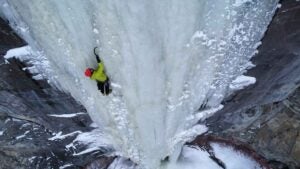 Tester Maury Birdwell uses the Phantom Techs and Hydra Ice Tools to tackle the upper pitch of Joy After Pain (WI5+) during a testing trip to Cody, Wyoming.