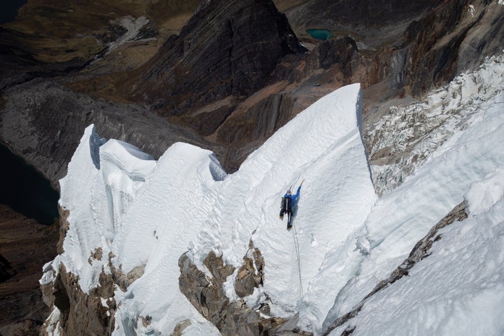 Quentin Roberts navigates unstable cornices low on the Southeast Ridge.