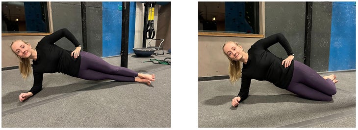 Woman practices side planks to help return to climbing after pregnancy.