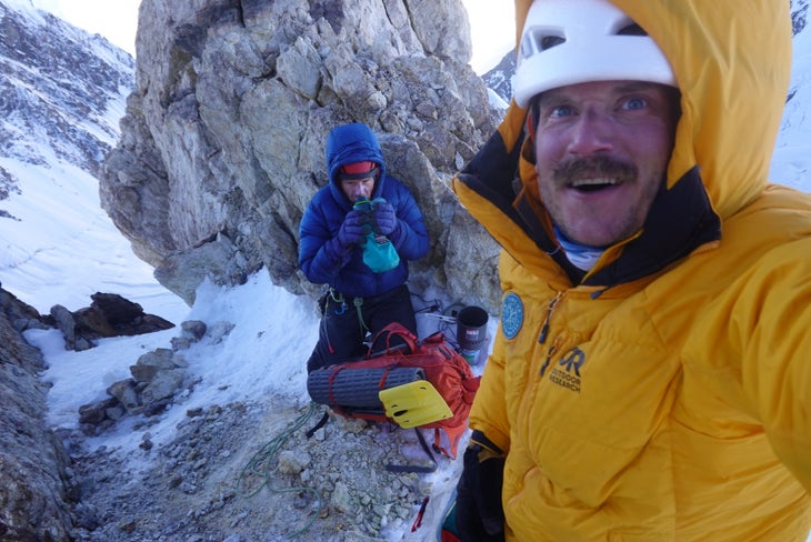 Two climbers in the shade while attempting K2's West Ridge