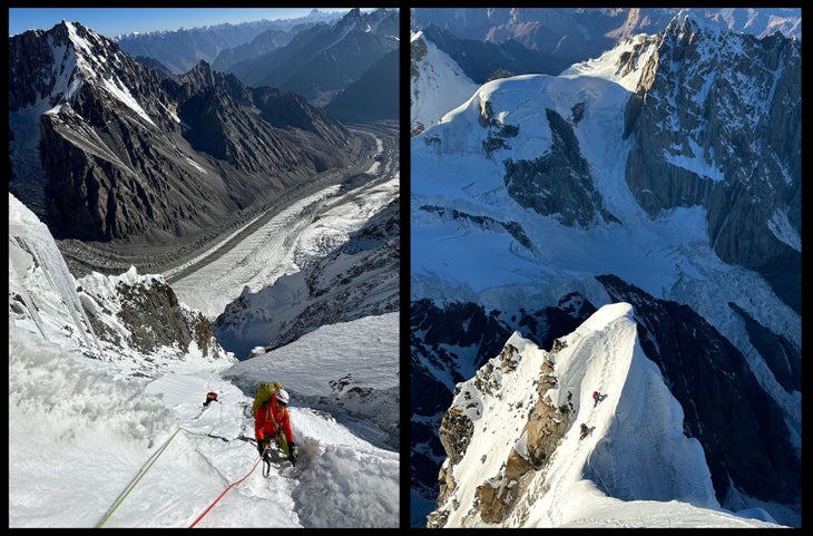 Two photos. Left: two climbers moving up the steep face of Yashkuk Sar. Right: Two climbers topping out the Tiger Lilly Buttress onto the snowfield below the summit of Yashkuk Sar.