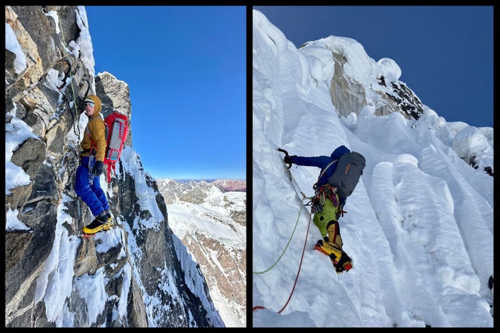 Two photos. One of a man climbing mixed terrain high on a Pakistan peak. The other of a man climbing compressed snow.