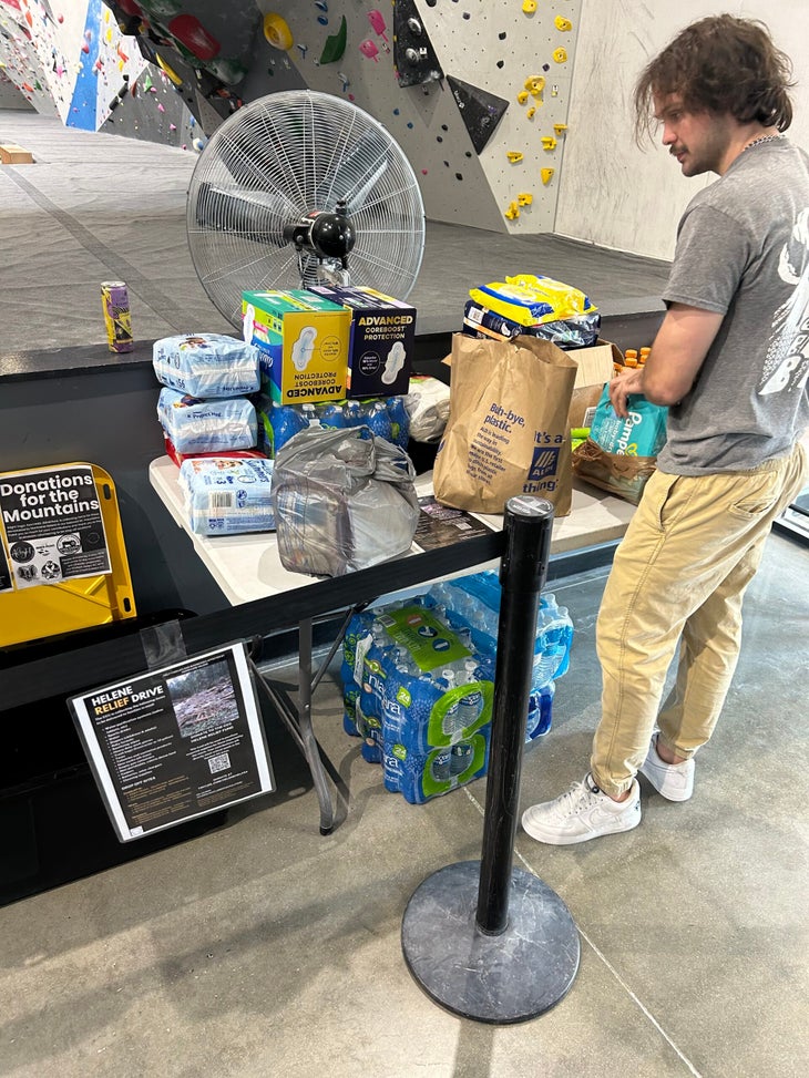 The Carolina Climbers Coalition organizes non-perishable goods to be given to hurricane survivors in North Carolina.