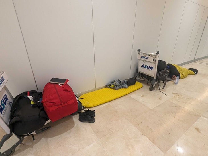 A plus of traveling with climbing equipment? You can camp on the airport floor.