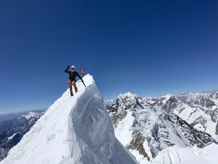 Two American climbers on the summit of a Pakistan peak.