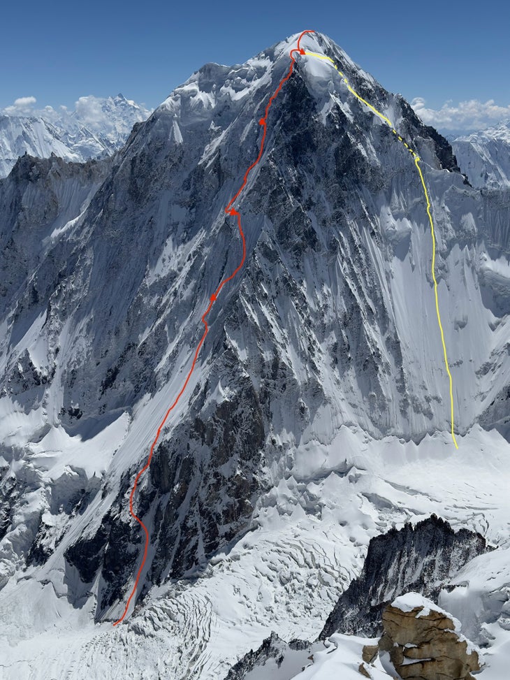 An image of Yashkuk Sar with Tiger Lilly's line of ascent and descent marked in red and yellow.