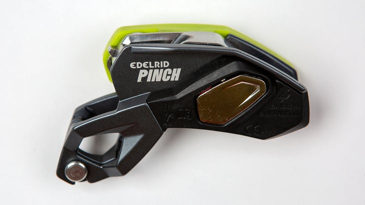 Edelrid Pinch belay device on white background. The Pinch is one of the best climbing gifts of 2024.