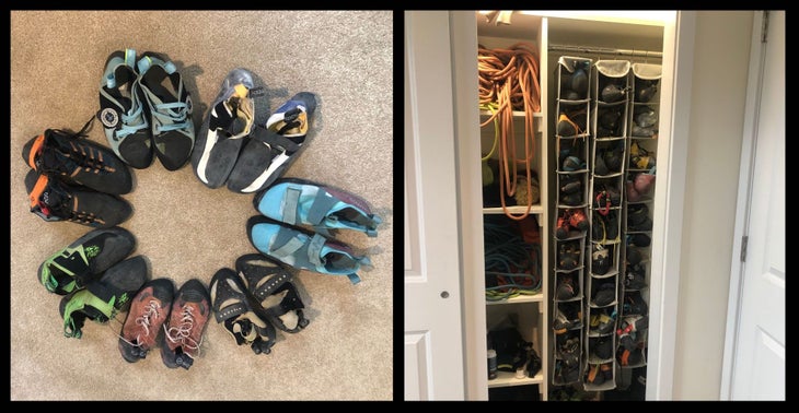 Two photos showing the authors collection of climbing shoes—far more shoes than he can ever wear out.