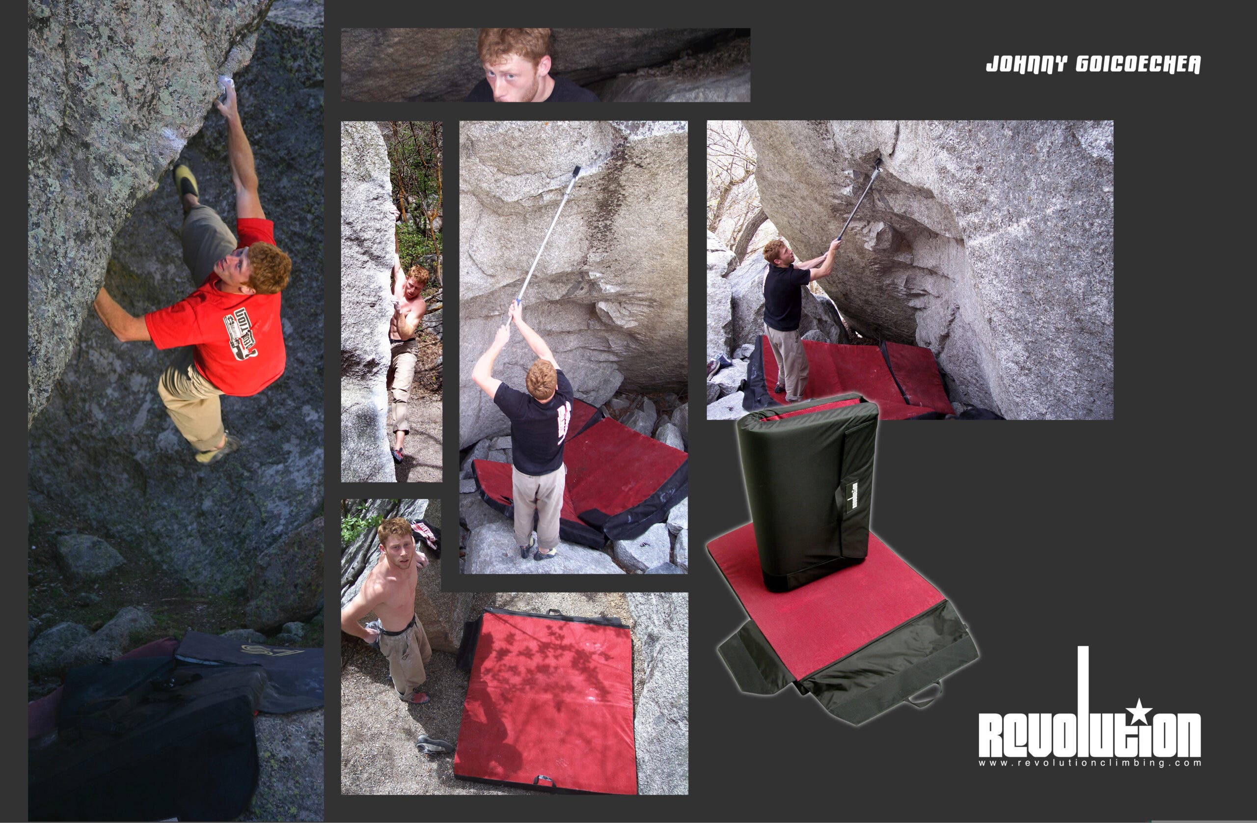 A layered series of photos showing Johnny G brushing boulders.