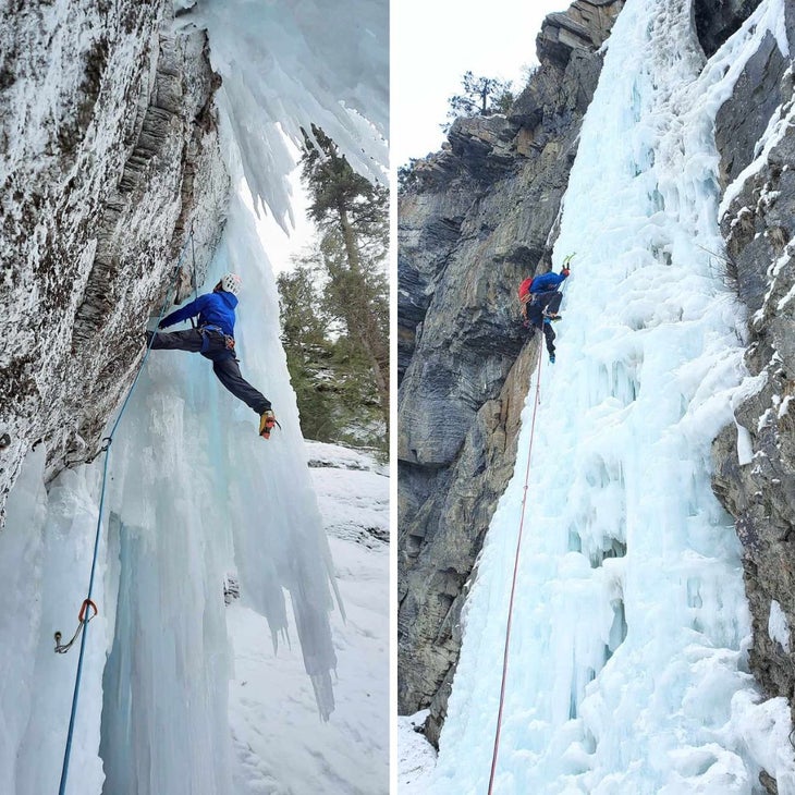 Collage of two photos of man climbing in new Patagonia M10 jacket and pant in Canadian Rockies in winter.